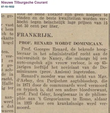 Renard Georges et Geny Paul : article Nieuwe Tilburgsche Courant