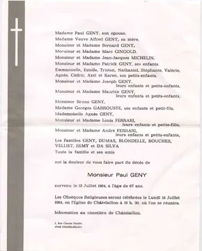 Faire-part de décès de Paul Geny