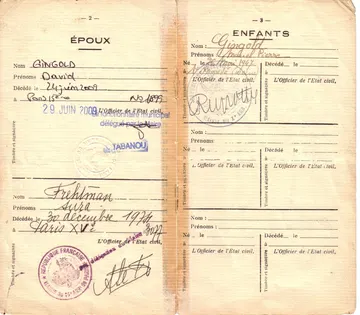 Livret famille v / Livret de famille, verso : epoux, enfant