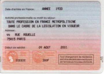 carte resident v / Carte de résident, verso